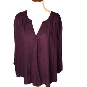 Evri Split Neck Blouse Top Sz 2X Purple Wine Leopard Print Classic Office Casual